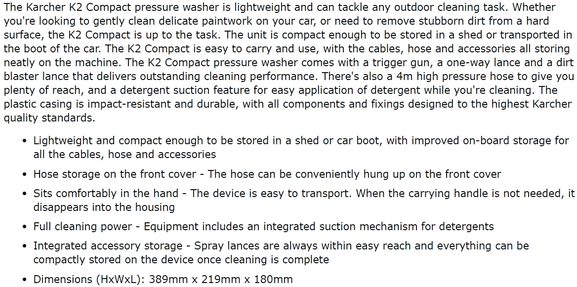 מכונת שטיפה בלחץ גרניק קרשר KARCHER K2 COMPACT NEW TEXT